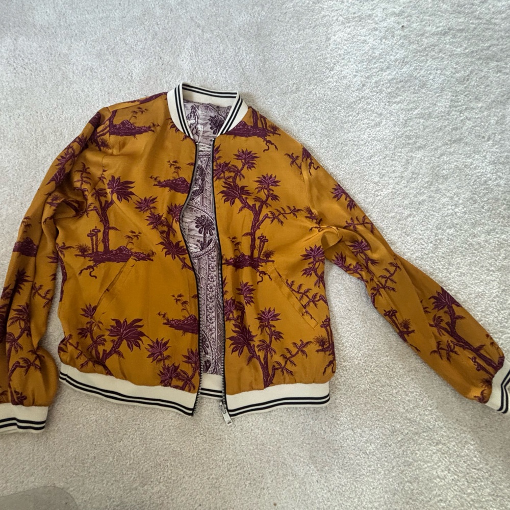 Vintage Silky Reversible Floral Mustard and Purple Bomber Jacket - Size S/M/8